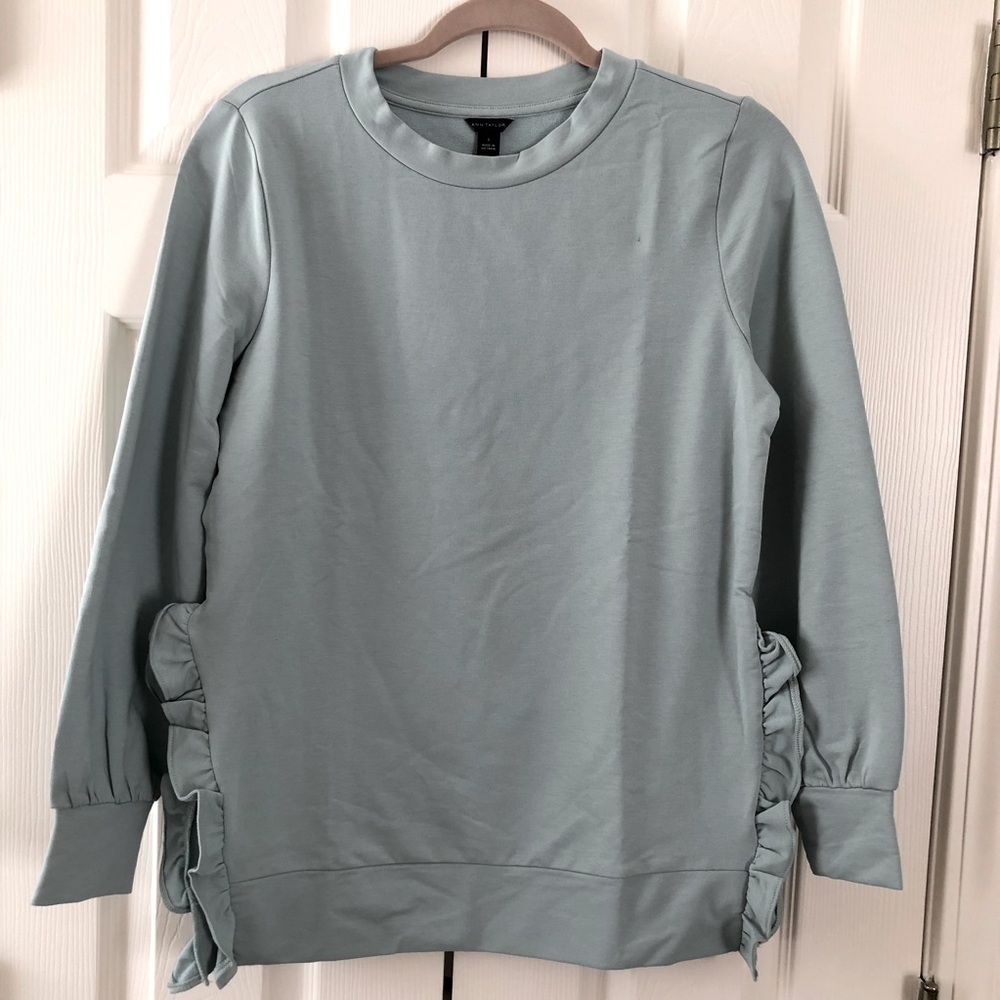 Ann Taylor Ruffle Side Slit Sweatshirt Crew Neck Pullover Long Sleeve Size S NWT